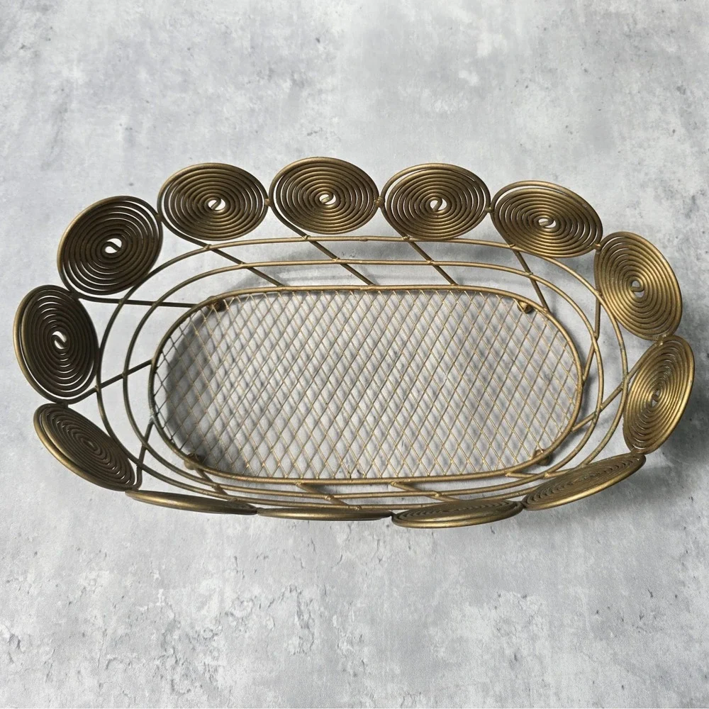 Vintage MCM Atomic Brass Tone Spiral Wire Basket Mid Century Modern Centerpiece